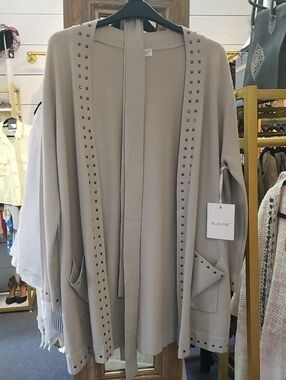 Open-Front Studded Cardigan - Light Beige
